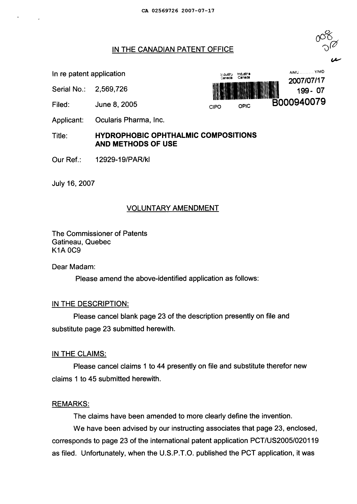 Canadian Patent Document 2569726. Prosecution-Amendment 20061217. Image 1 of 6
