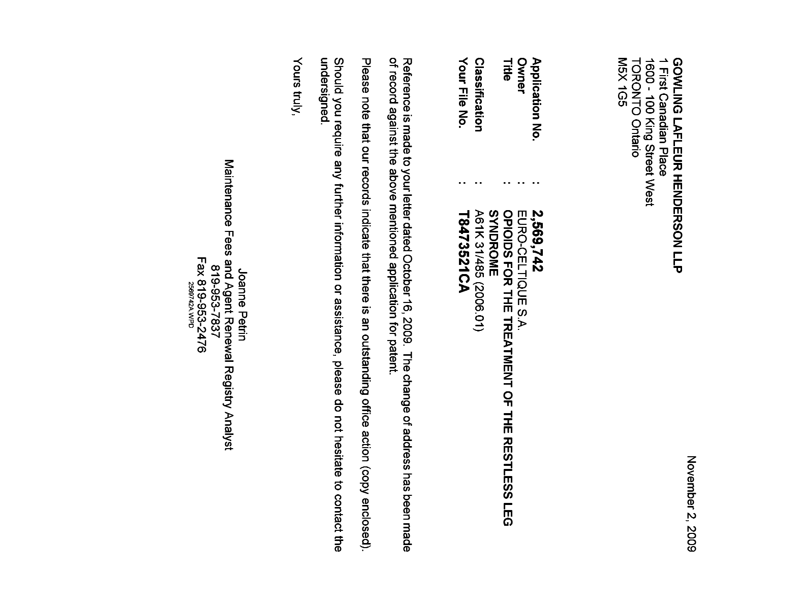 Canadian Patent Document 2569742. Correspondence 20091102. Image 1 of 1