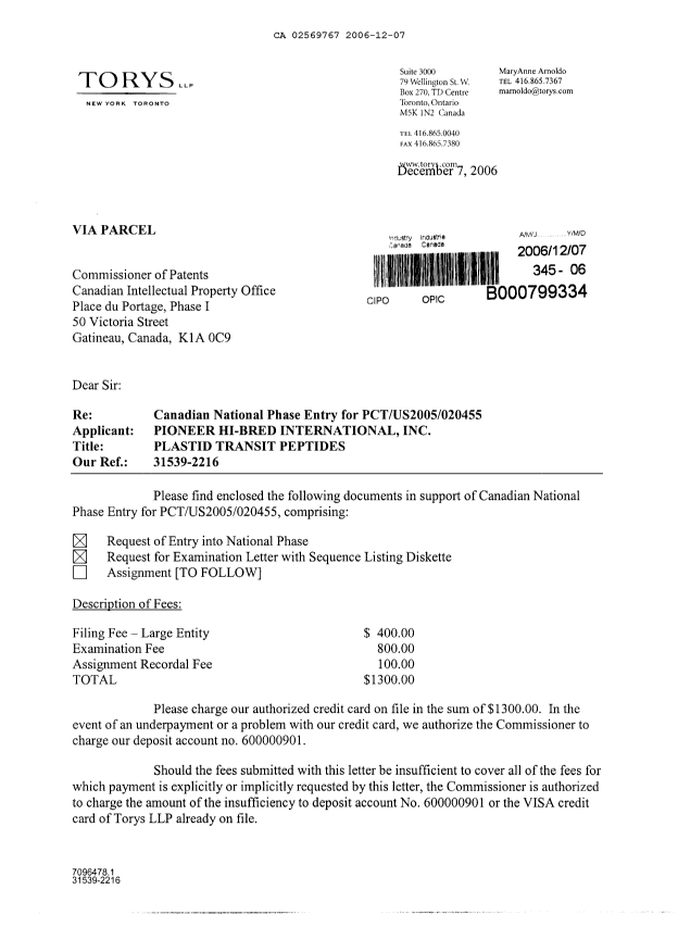 Document de brevet canadien 2569767. Cession 20061207. Image 1 de 5