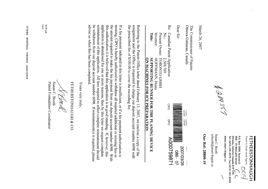 Document de brevet canadien 2569769. Cession 20070326. Image 1 de 2