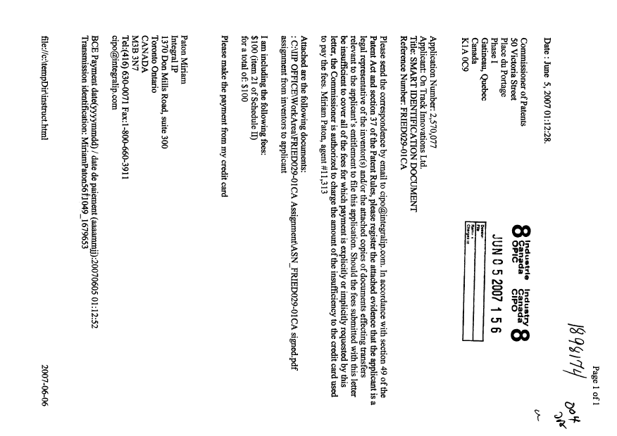 Document de brevet canadien 2570077. Cession 20070605. Image 1 de 5