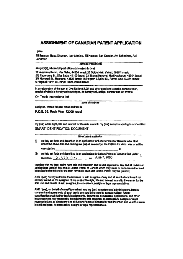 Document de brevet canadien 2570077. Cession 20070605. Image 2 de 5