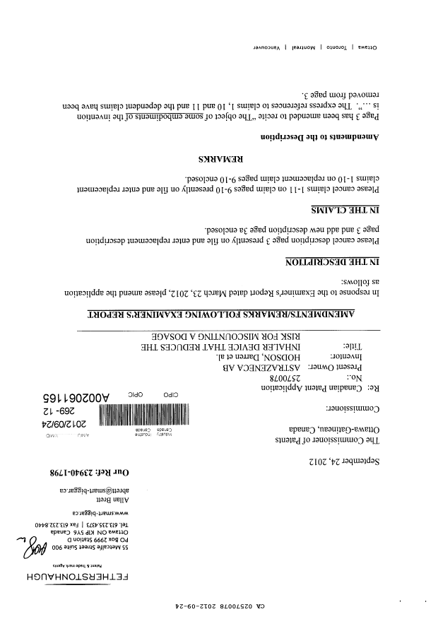 Canadian Patent Document 2570078. Prosecution-Amendment 20120924. Image 1 of 11