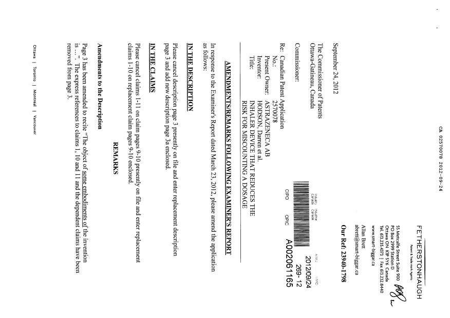Document de brevet canadien 2570078. Poursuite-Amendment 20120924. Image 1 de 11