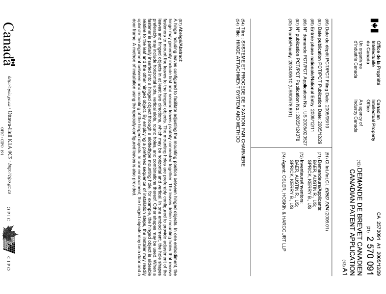 Document de brevet canadien 2570091. Page couverture 20070209. Image 1 de 1