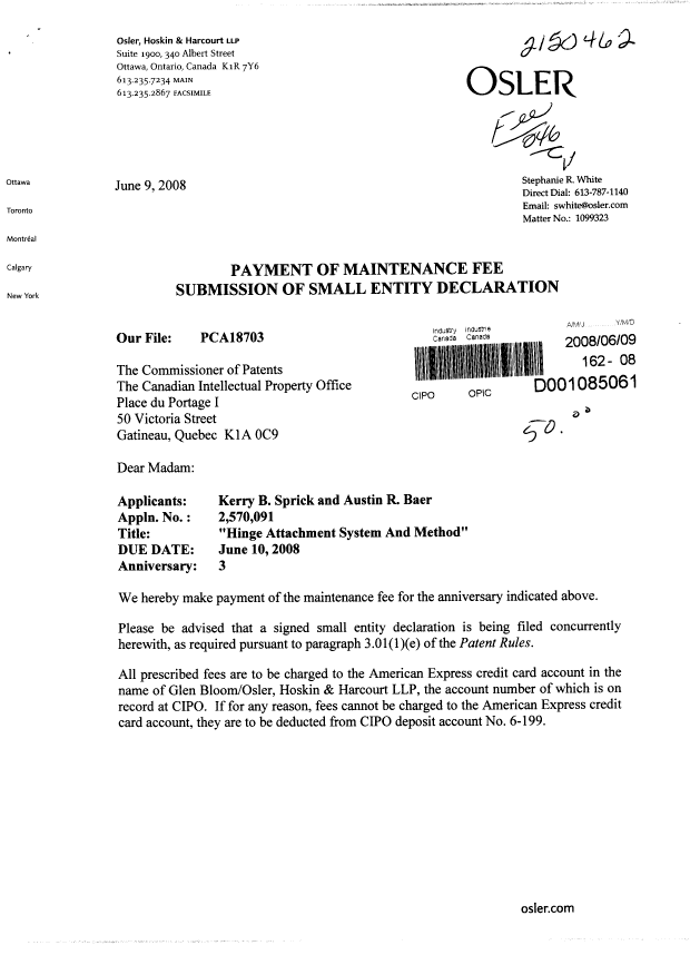 Document de brevet canadien 2570091. Taxes 20080609. Image 1 de 3