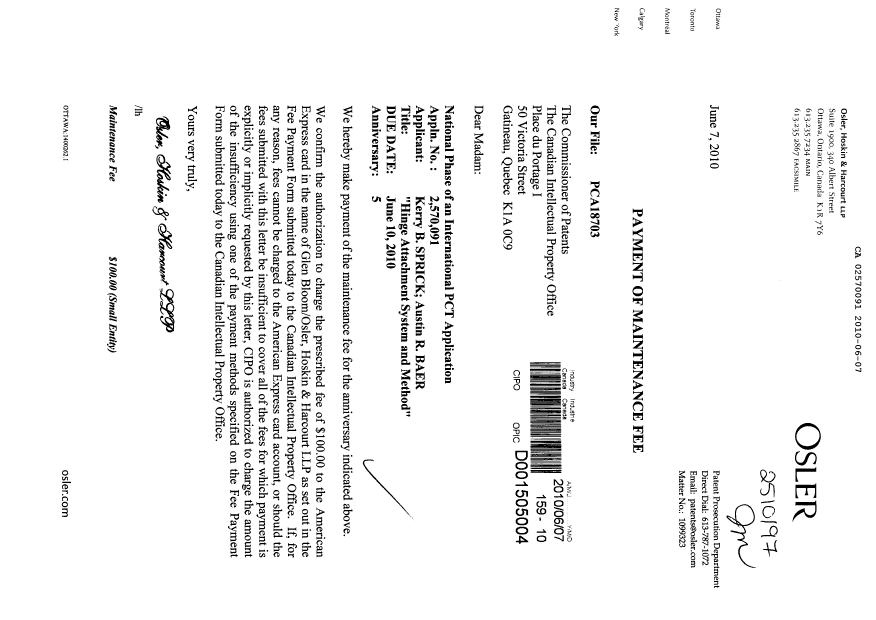 Document de brevet canadien 2570091. Taxes 20100607. Image 1 de 1