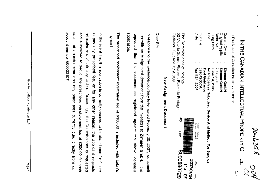 Document de brevet canadien 2570336. Cession 20070424. Image 1 de 6