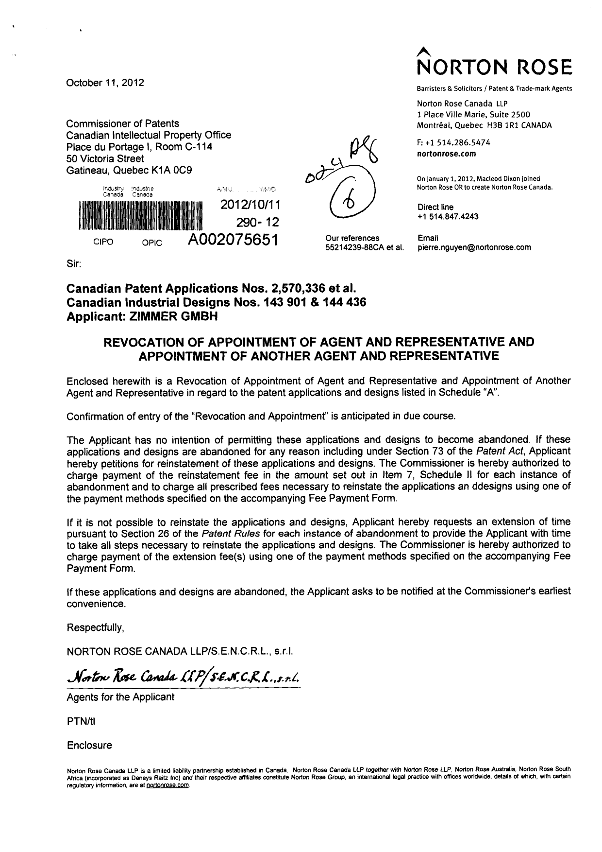 Document de brevet canadien 2570336. Correspondance 20121011. Image 1 de 4