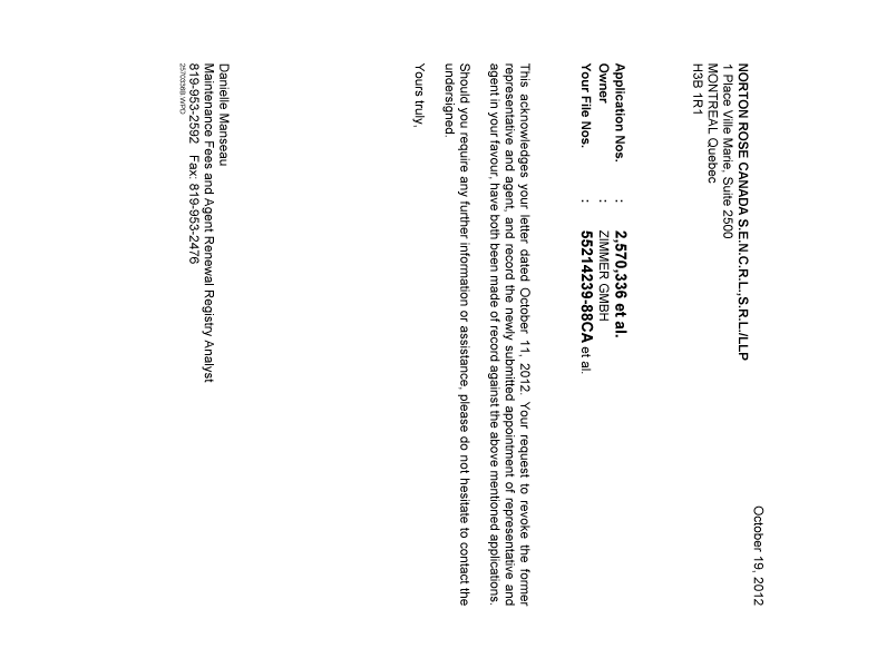Document de brevet canadien 2570336. Correspondance 20121019. Image 1 de 2