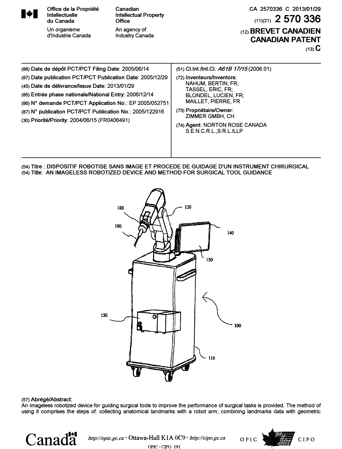 Document de brevet canadien 2570336. Page couverture 20130111. Image 1 de 2