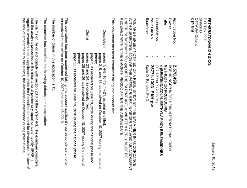 Document de brevet canadien 2570499. Poursuite-Amendment 20120116. Image 1 de 2