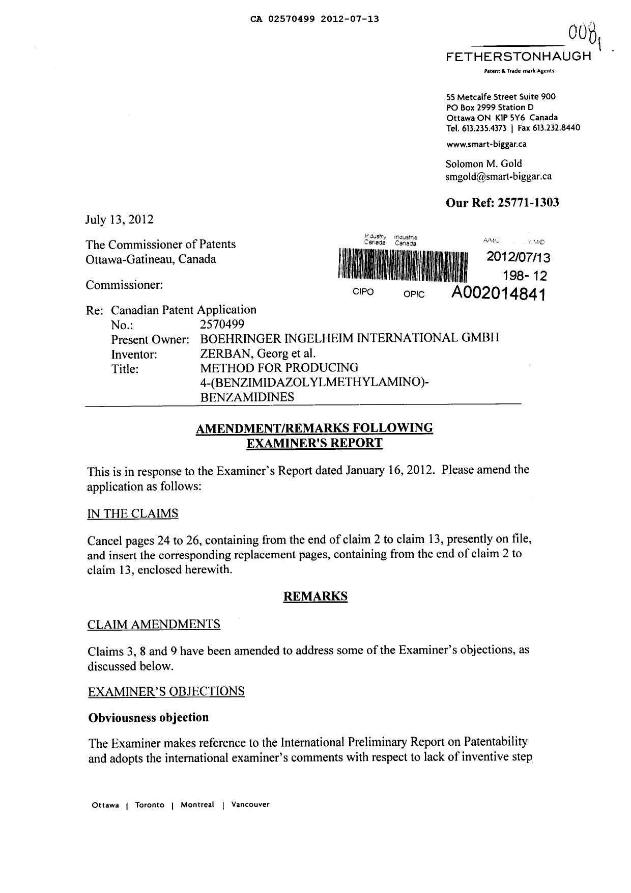 Document de brevet canadien 2570499. Poursuite-Amendment 20120713. Image 1 de 7