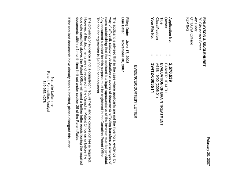 Document de brevet canadien 2570539. Correspondance 20070213. Image 1 de 1