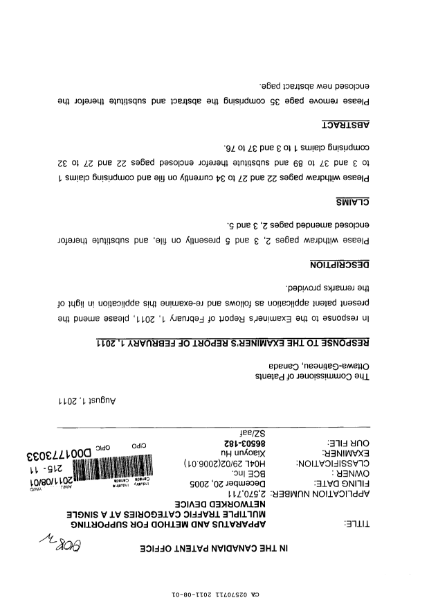Canadian Patent Document 2570711. Prosecution-Amendment 20110801. Image 1 of 16