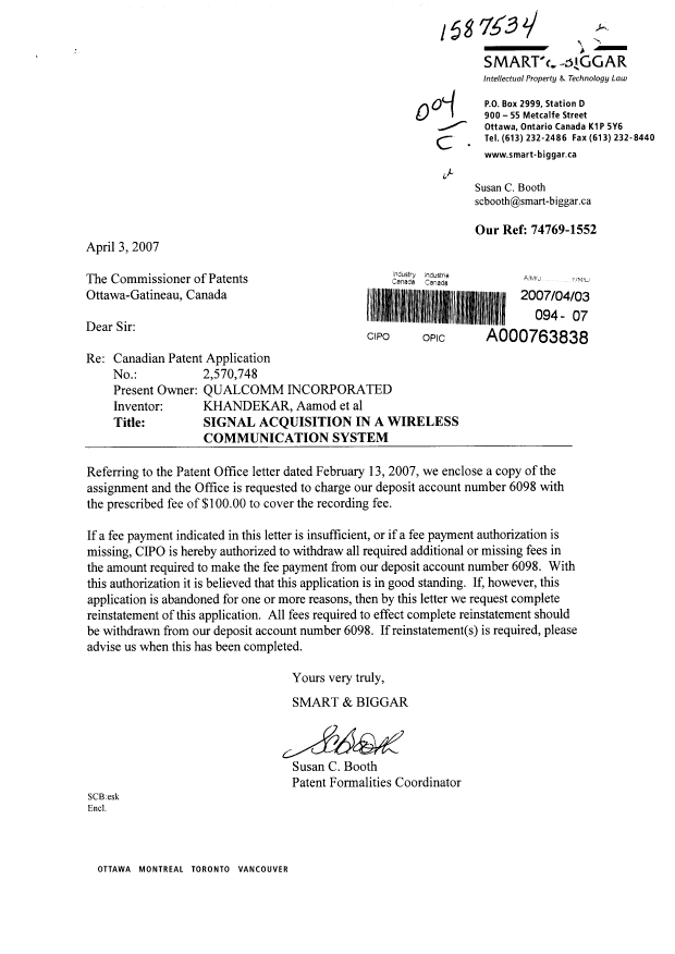 Document de brevet canadien 2570748. Cession 20070403. Image 1 de 6