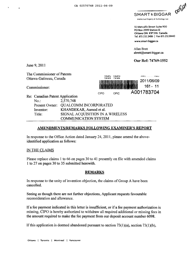 Document de brevet canadien 2570748. Poursuite-Amendment 20110609. Image 1 de 8