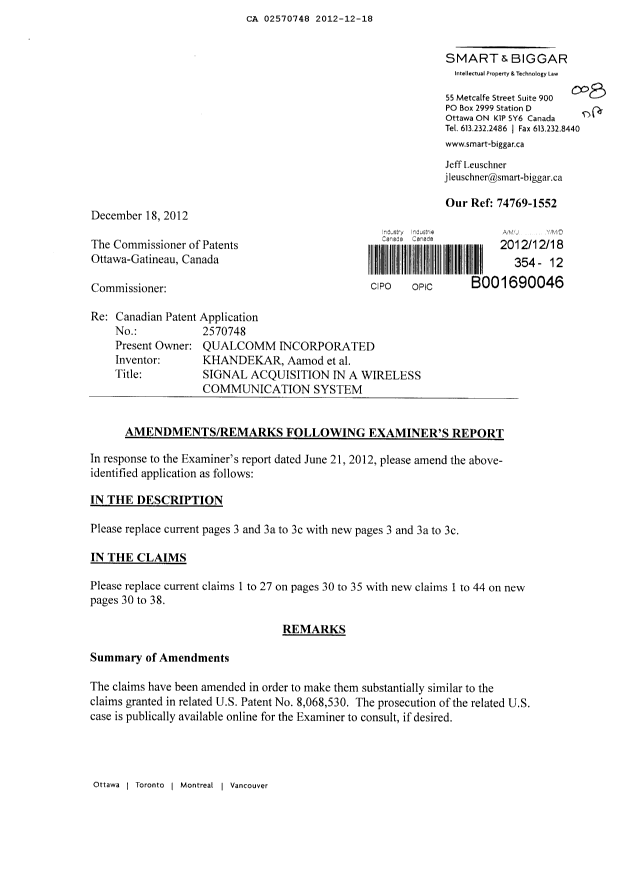 Document de brevet canadien 2570748. Poursuite-Amendment 20121218. Image 1 de 17