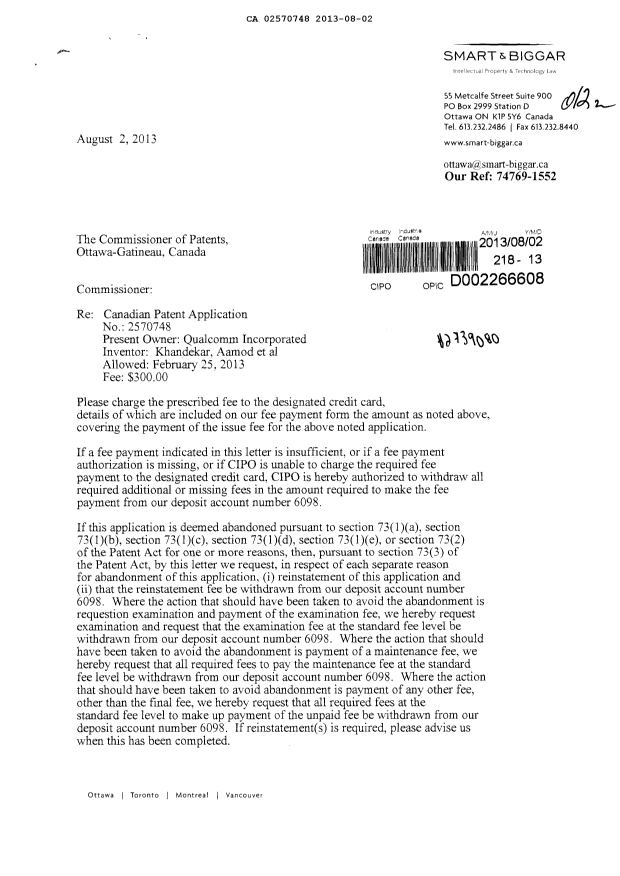Document de brevet canadien 2570748. Correspondance 20130802. Image 1 de 2
