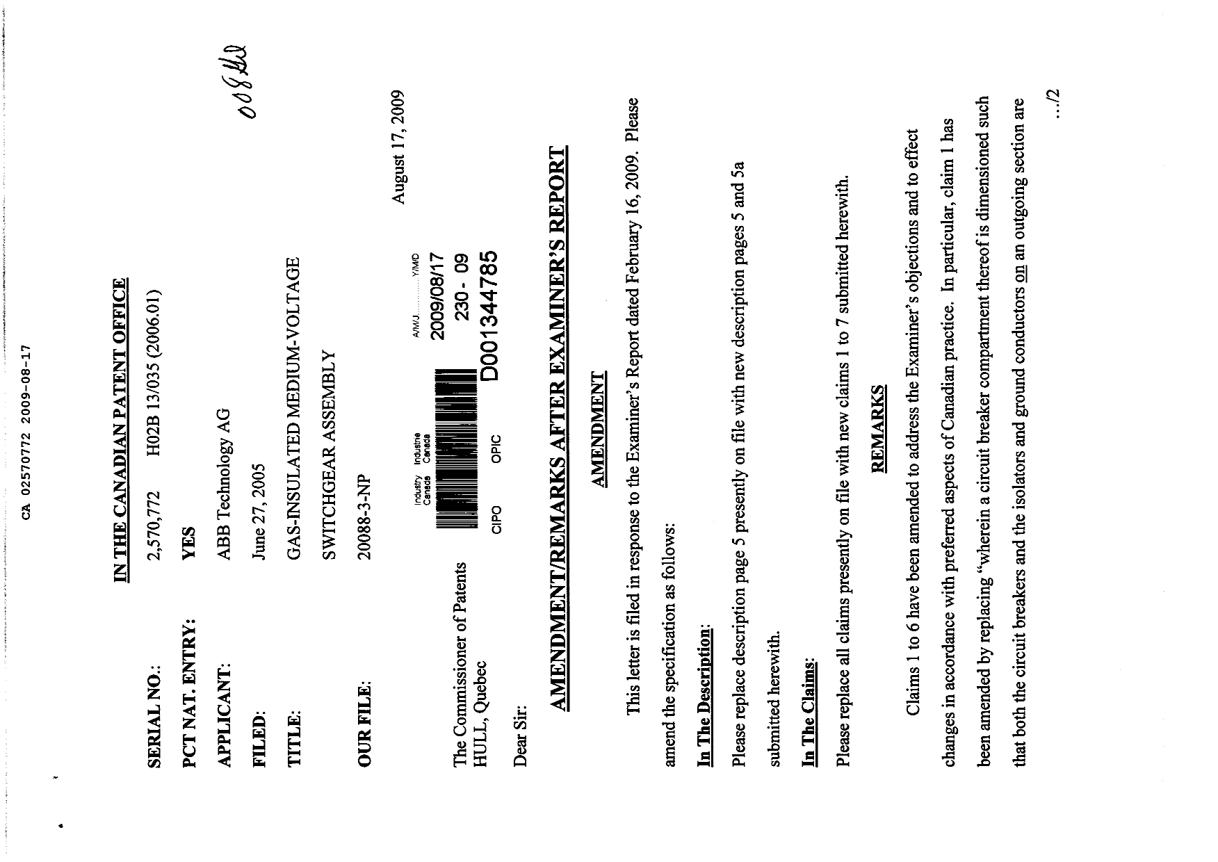 Canadian Patent Document 2570772. Prosecution-Amendment 20081217. Image 1 of 8