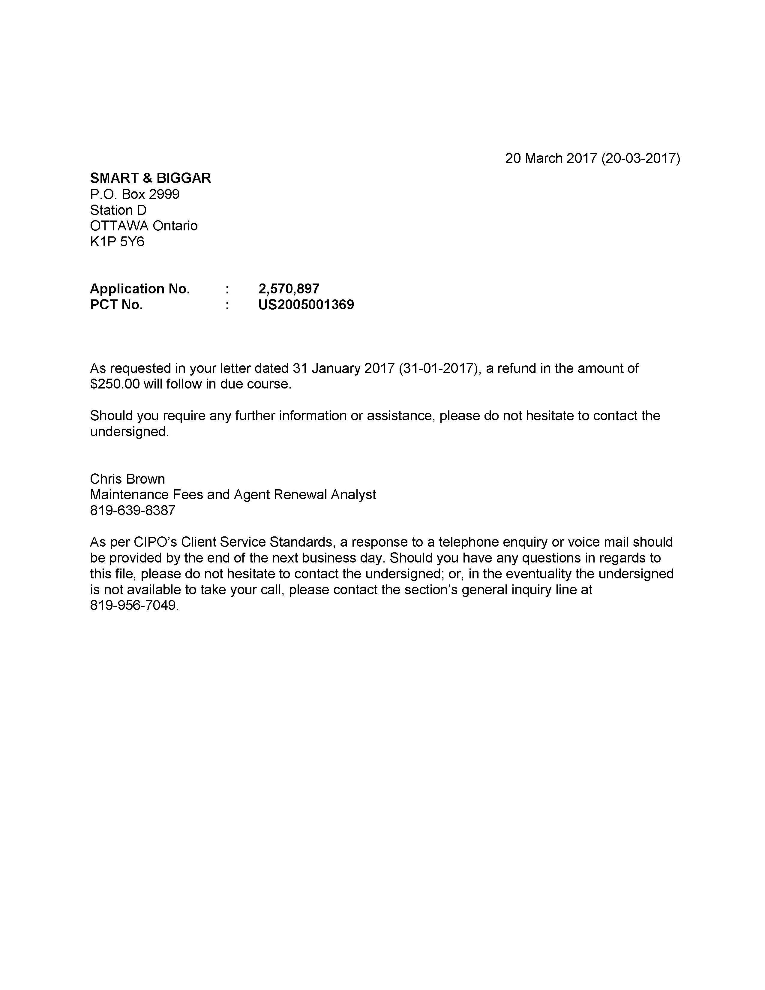 Canadian Patent Document 2570897. Refund 20170320. Image 1 of 1