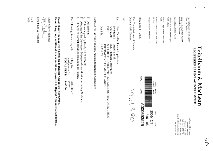 Document de brevet canadien 2570965. Cession 20061211. Image 1 de 2