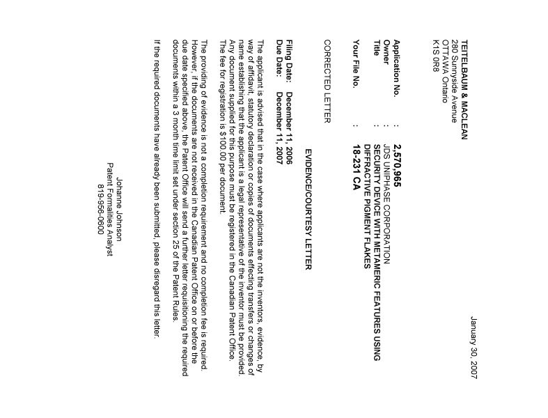 Document de brevet canadien 2570965. Correspondance 20070124. Image 1 de 1