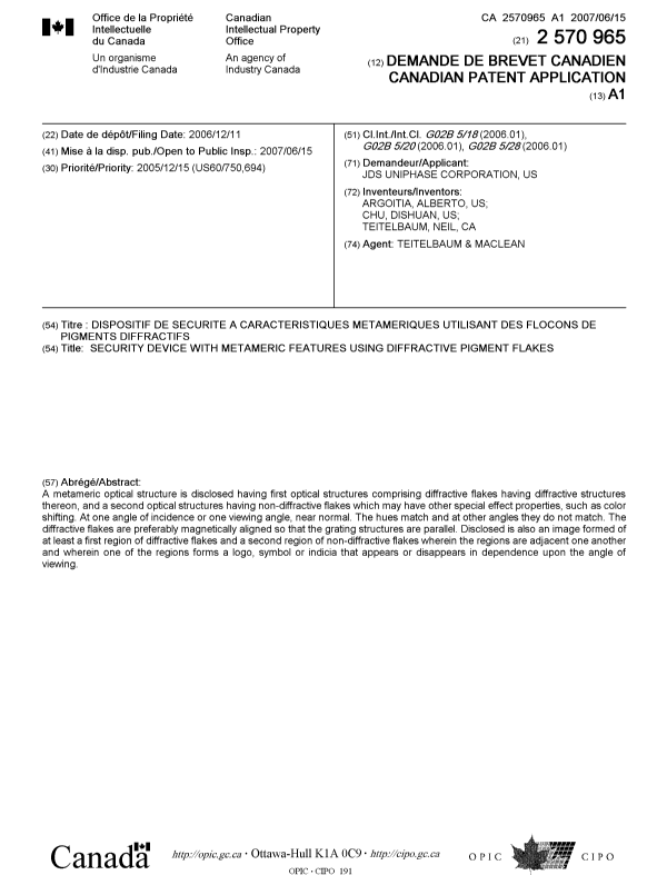 Document de brevet canadien 2570965. Page couverture 20070612. Image 1 de 1