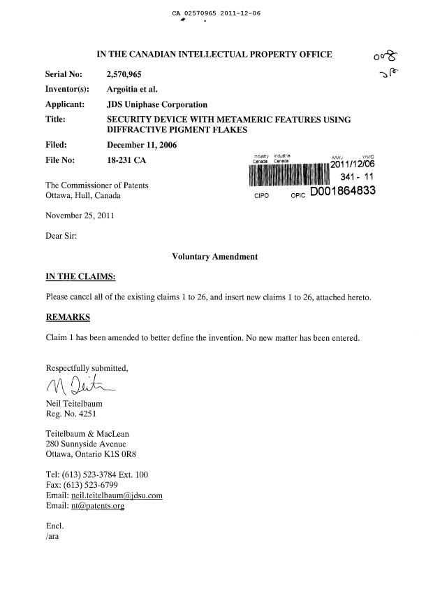 Document de brevet canadien 2570965. Poursuite-Amendment 20111206. Image 1 de 5