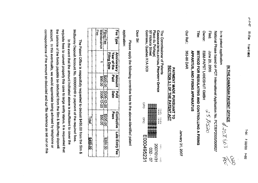 Document de brevet canadien 2571520. Cession 20070131. Image 1 de 6