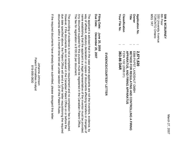 Document de brevet canadien 2571520. Correspondance 20070320. Image 1 de 1