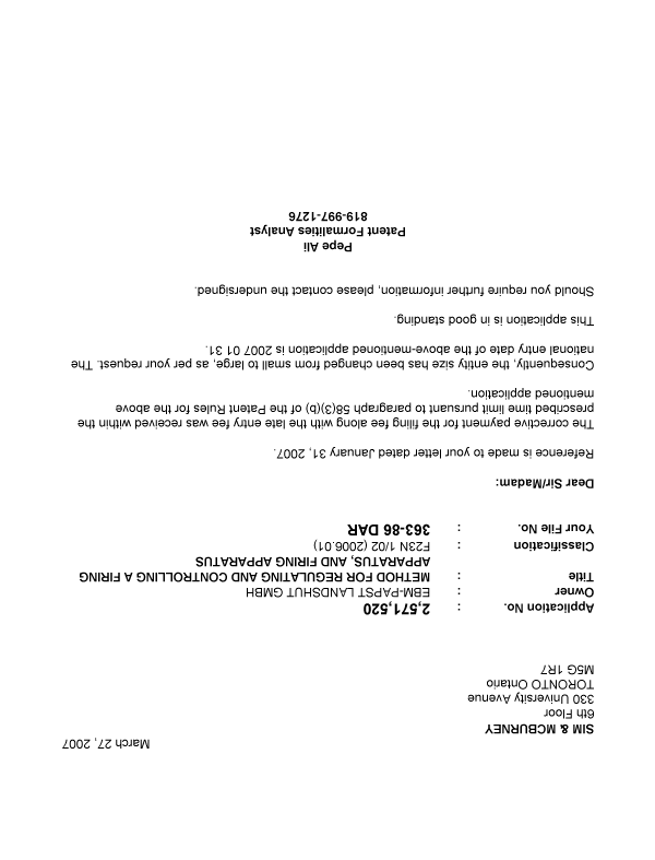 Canadian Patent Document 2571520. Correspondence 20070323. Image 1 of 1