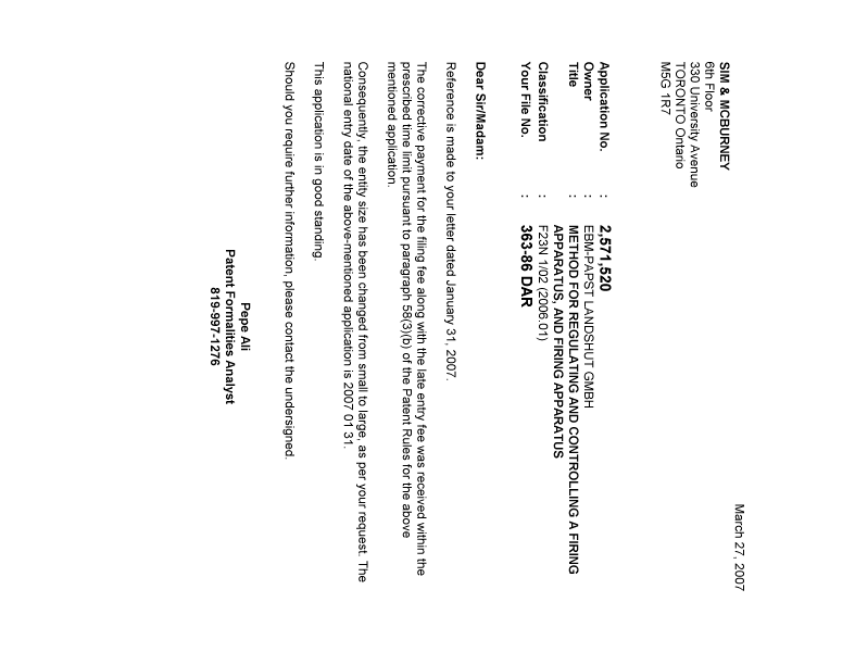Document de brevet canadien 2571520. Correspondance 20070323. Image 1 de 1