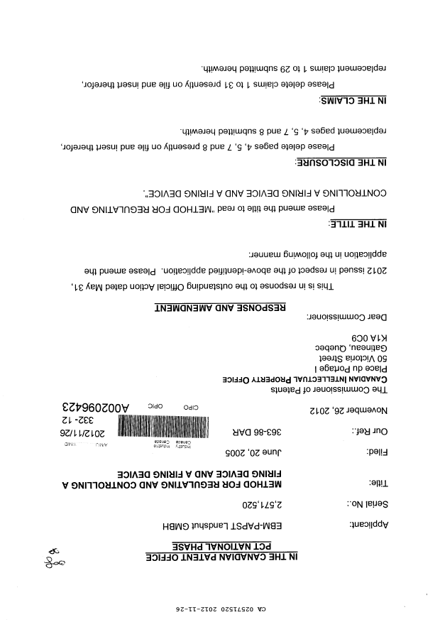 Canadian Patent Document 2571520. Prosecution-Amendment 20121126. Image 1 of 12
