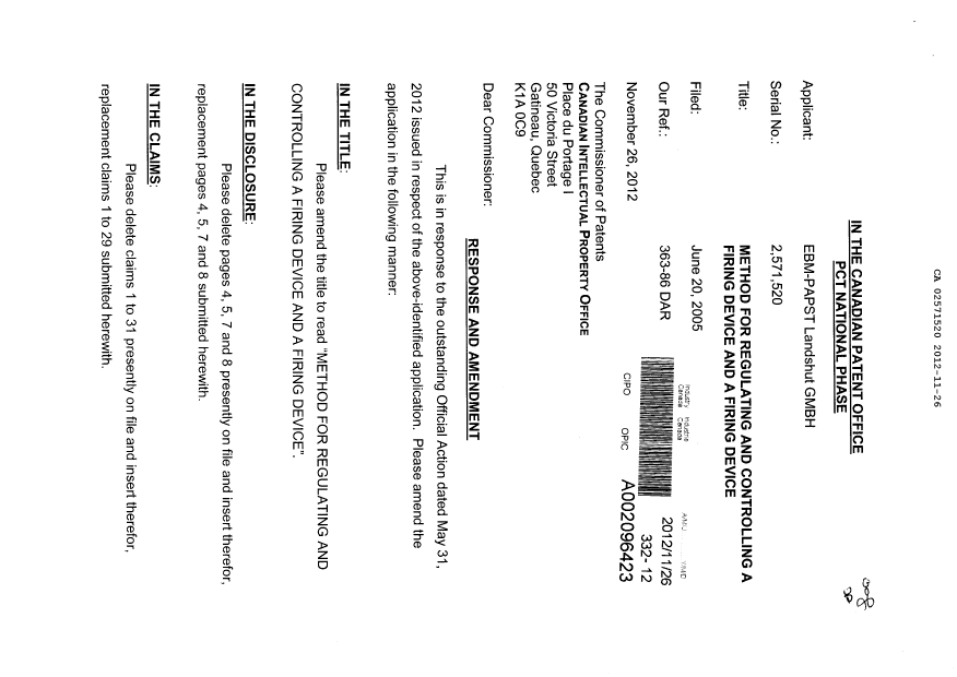 Document de brevet canadien 2571520. Poursuite-Amendment 20121126. Image 1 de 12