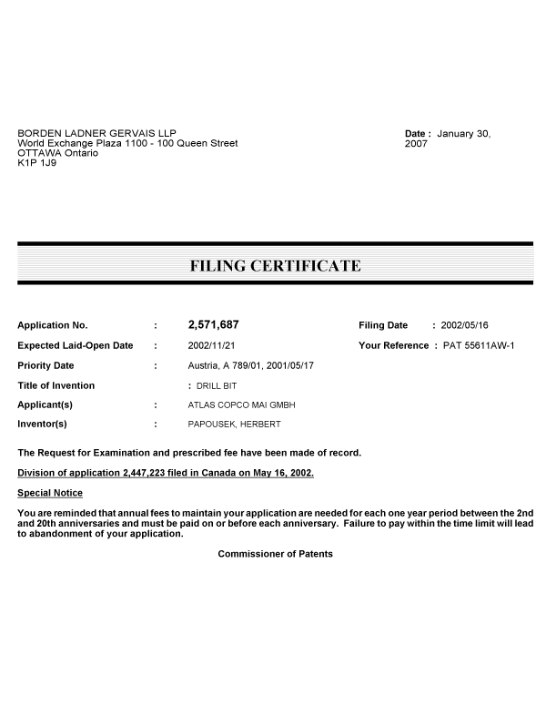 Document de brevet canadien 2571687. Correspondance 20070130. Image 1 de 1