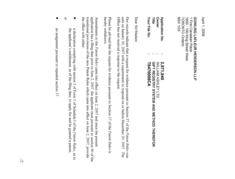 Document de brevet canadien 2571840. Correspondance 20080401. Image 1 de 2