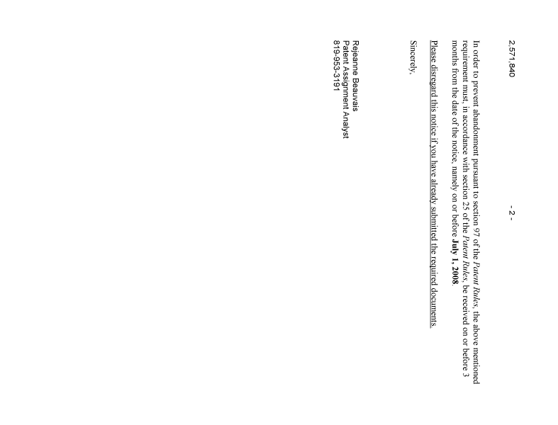 Canadian Patent Document 2571840. Correspondence 20080401. Image 2 of 2