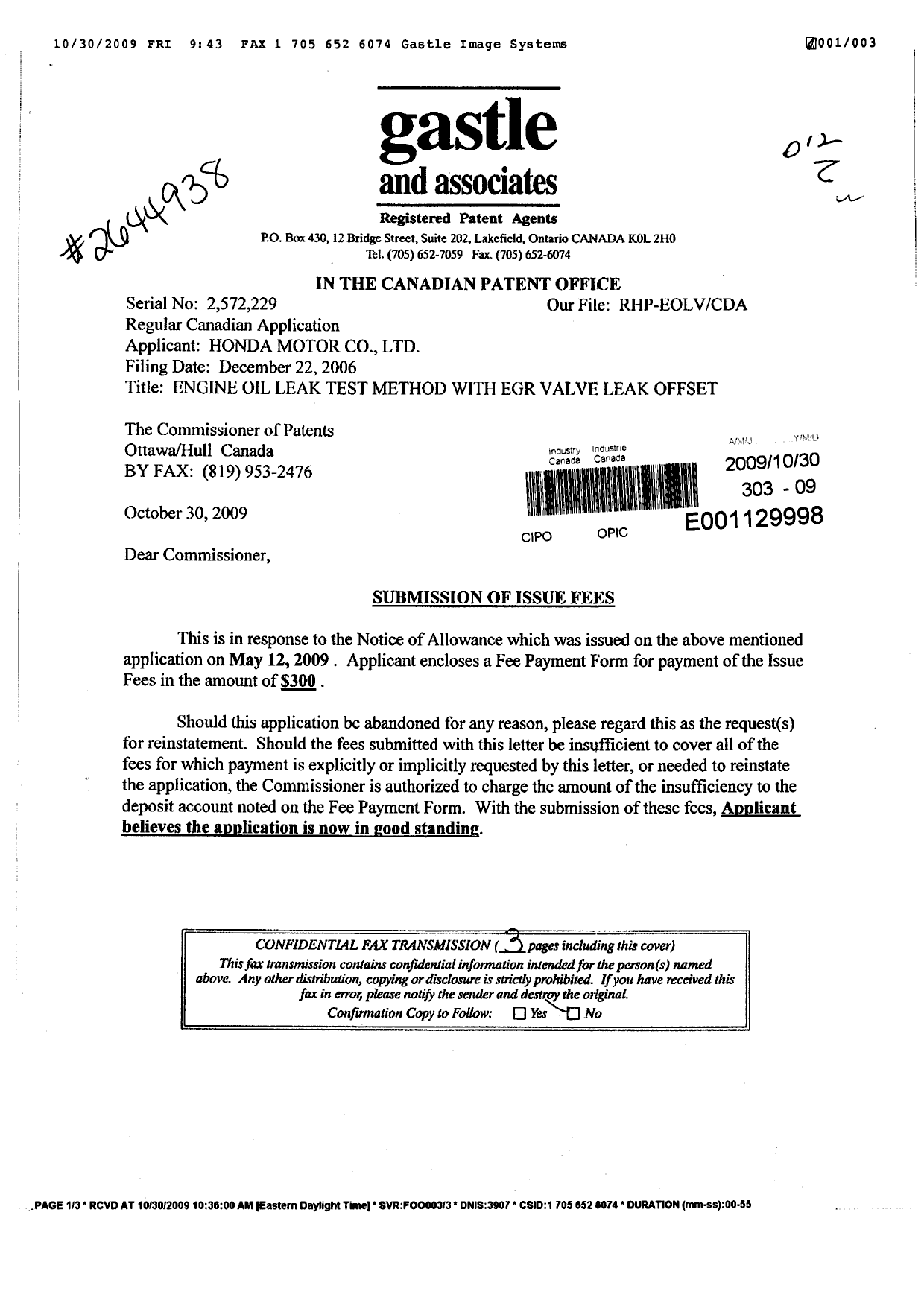 Document de brevet canadien 2572229. Correspondance 20091030. Image 1 de 2