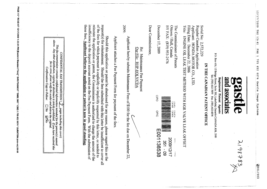 Document de brevet canadien 2572229. Taxes 20091217. Image 1 de 2