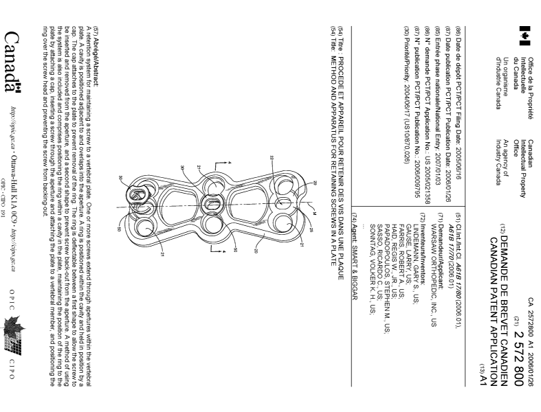 Document de brevet canadien 2572800. Page couverture 20070308. Image 1 de 2