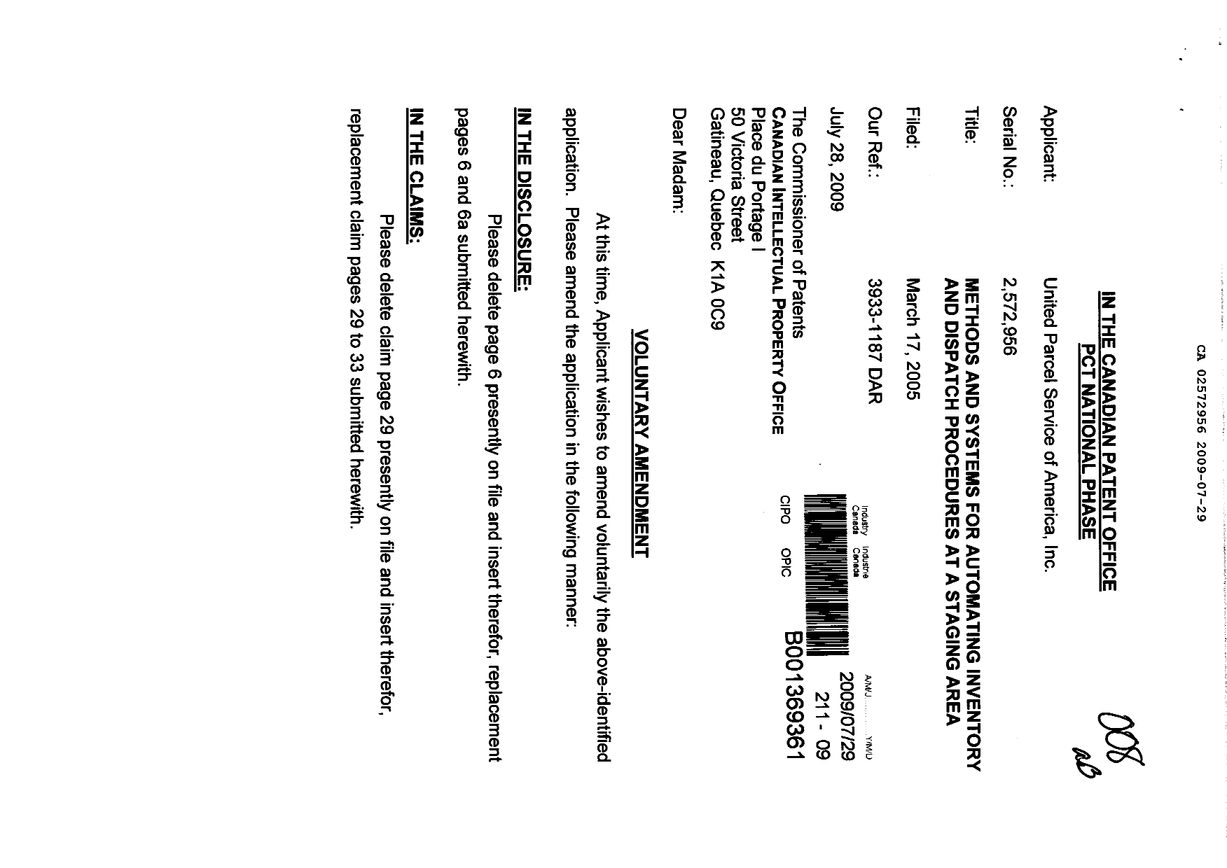 Document de brevet canadien 2572956. Poursuite-Amendment 20090729. Image 1 de 9