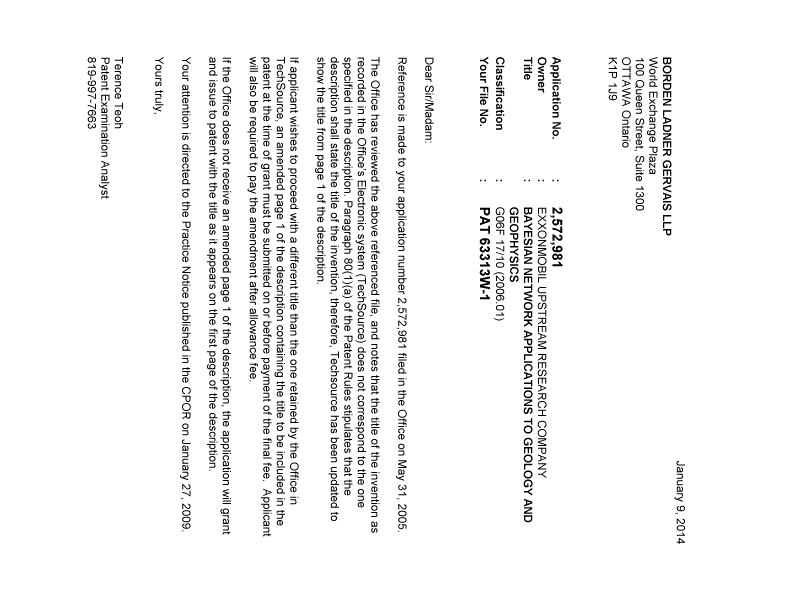 Document de brevet canadien 2572981. Correspondance 20140109. Image 1 de 1