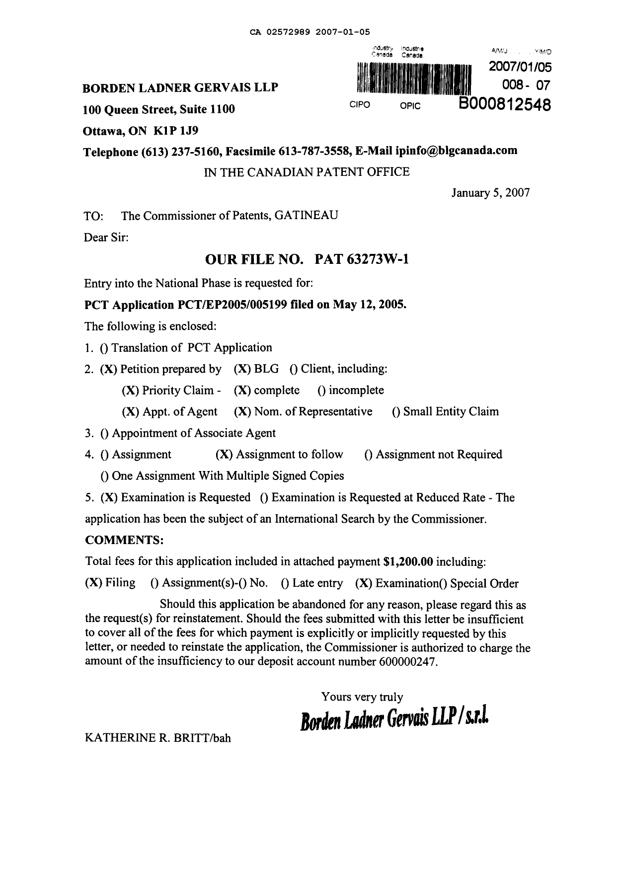 Document de brevet canadien 2572989. Cession 20070105. Image 1 de 3