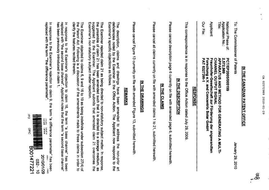 Canadian Patent Document 2572989. Prosecution-Amendment 20100129. Image 1 of 18