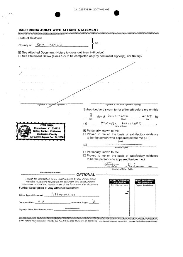 Document de brevet canadien 2573138. Cession 20070105. Image 15 de 15