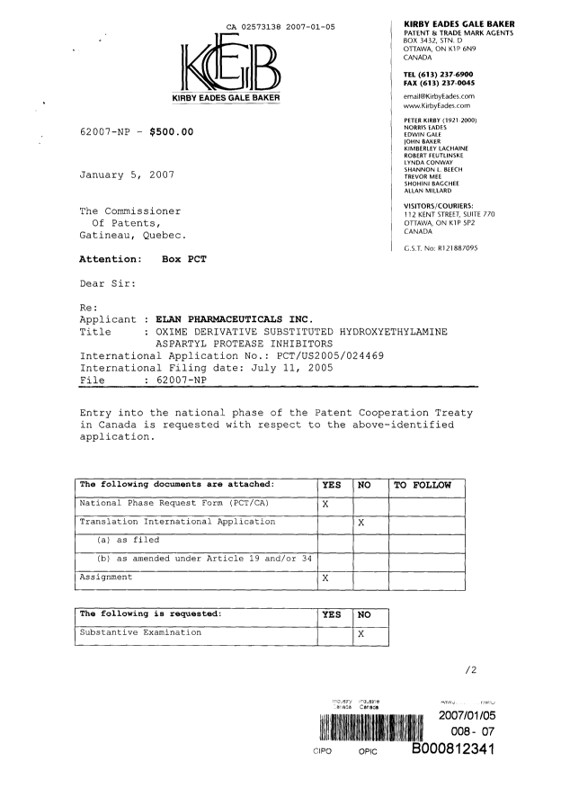 Document de brevet canadien 2573138. Cession 20070105. Image 1 de 15