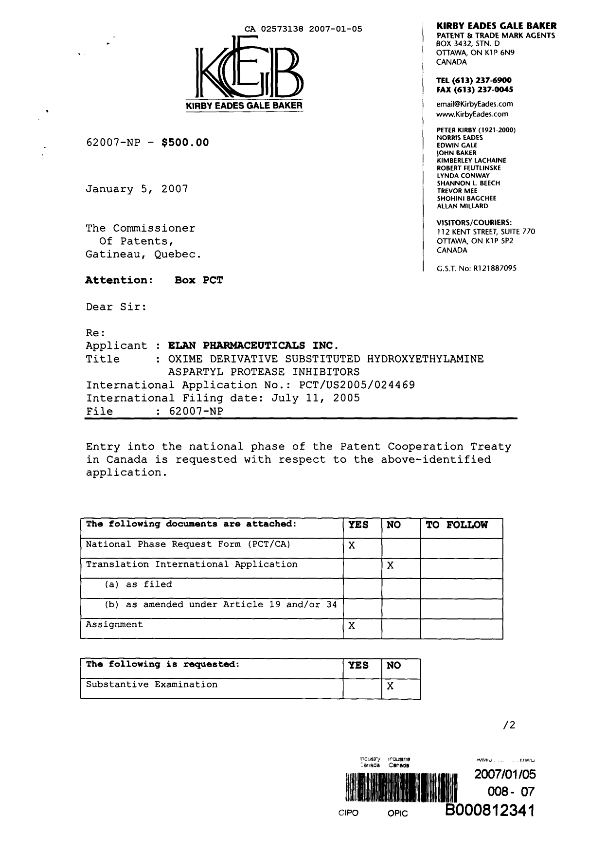 Document de brevet canadien 2573138. Cession 20070105. Image 1 de 15