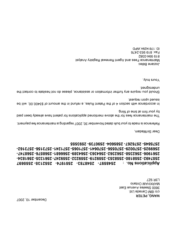 Document de brevet canadien 2573156. Correspondance 20071210. Image 1 de 1