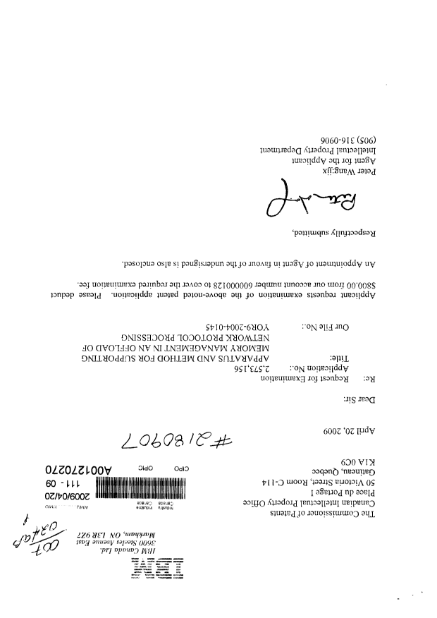 Document de brevet canadien 2573156. Correspondance 20090420. Image 1 de 2